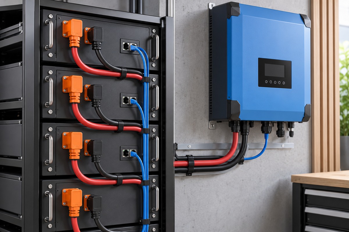 Module de batterie rack relié à un boîtier GX et à un onduleur par deux liaisons distinctes.