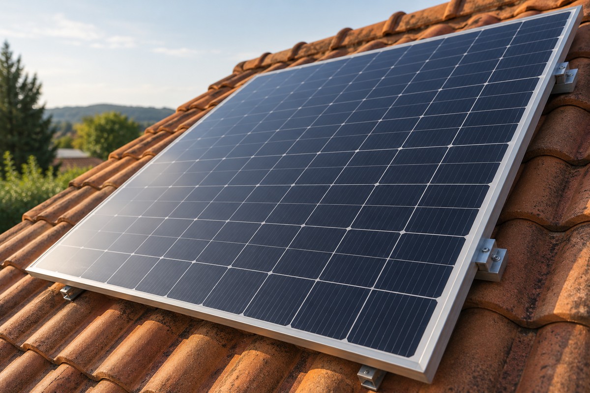 Gros plan sur un module photovoltaïque installé, sans indication visible de son âge ni de sa puissance mesurée.