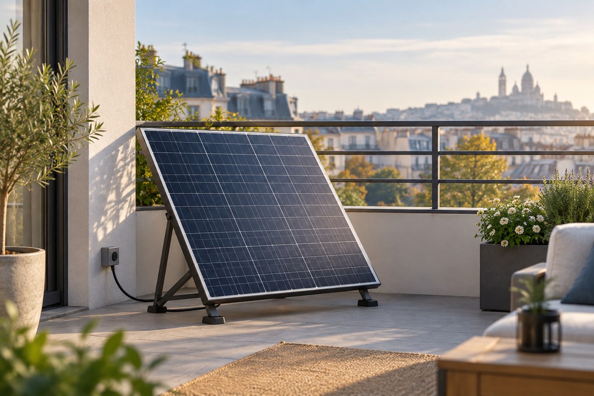 Panneau solaire compact sur support autoportant sur un balcon résidentiel