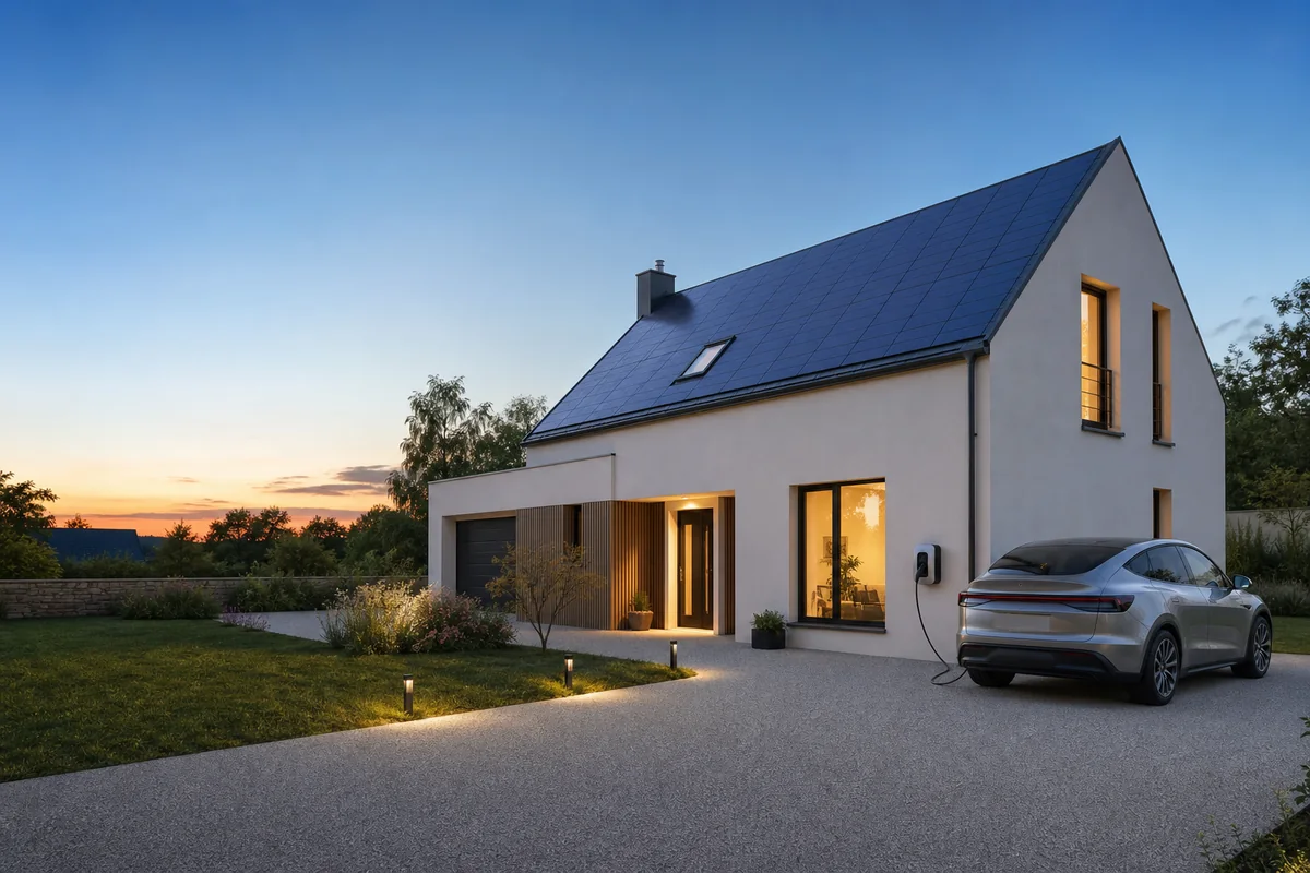 Maison équipée de panneaux solaires, voiture électrique branchée à une borne domestique