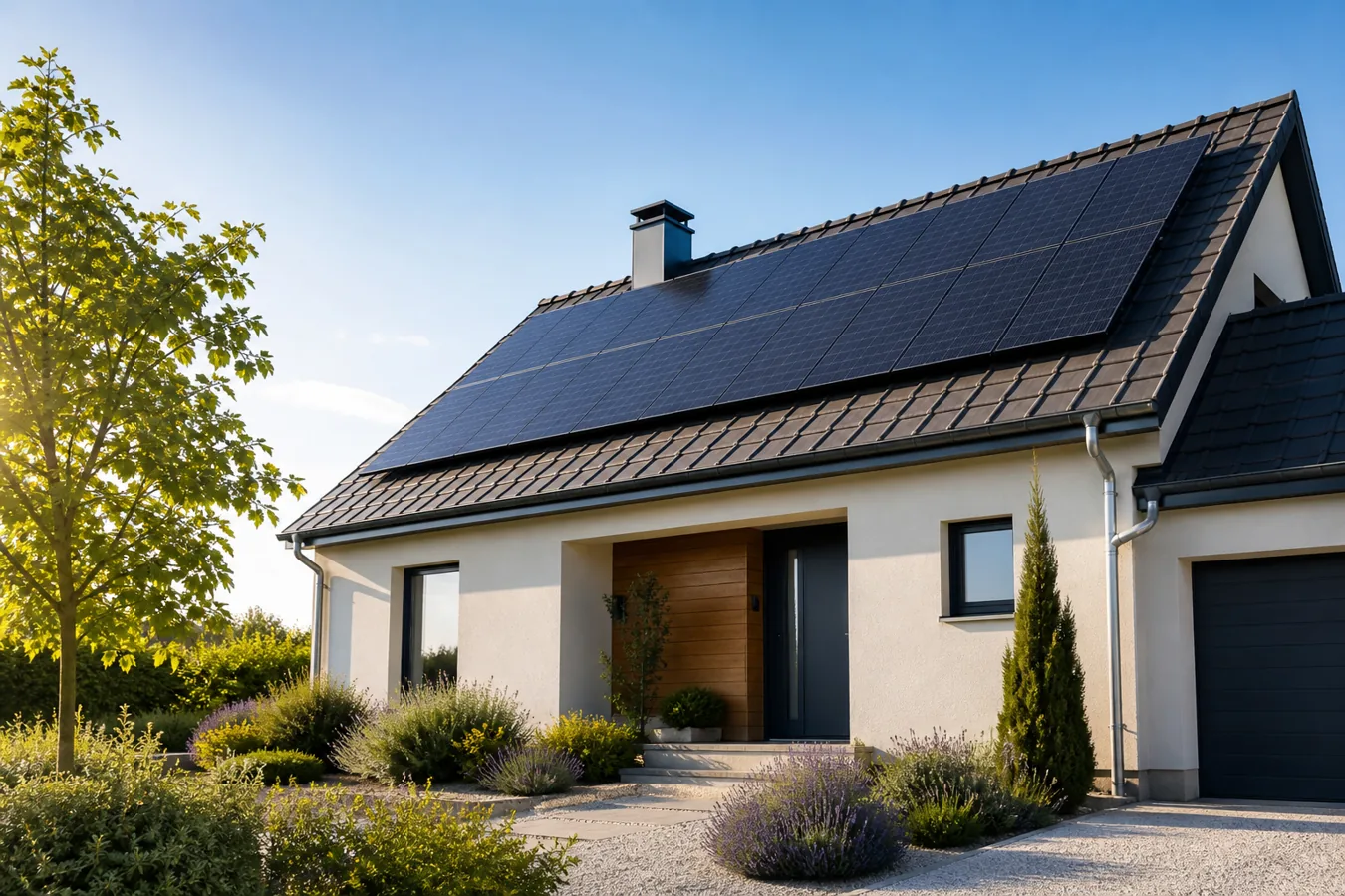 Panneaux photovoltaïques raccordés au réseau sur une toiture résidentielle